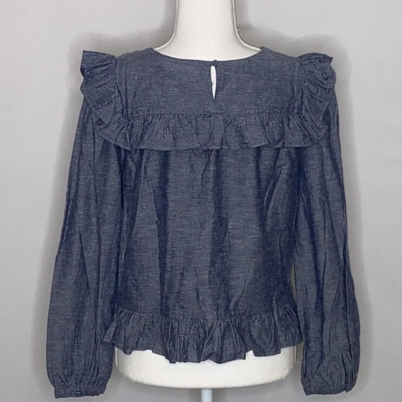 Jill Stuart Linen Blend Chambray Long Sleeve Ruffle Blouse - Size Small - Picture 4 of 7
